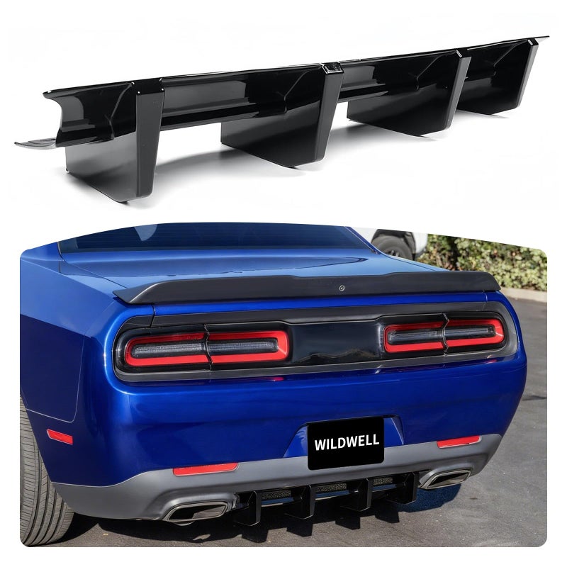 WildWell Rear Bumper Diffuser for 20152024 Dodge Challenger GT SXT SXT Plus Only Challenger Rear Diffuser Lip Splitter AddOn with Shark Fins Style Glossy Black